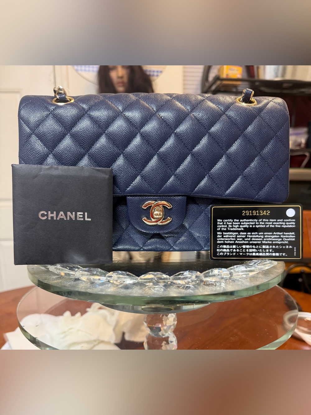 Chanel Classic Double Flap Bag in Dark Blue (Navy) Caviar Leather with Silver Ha